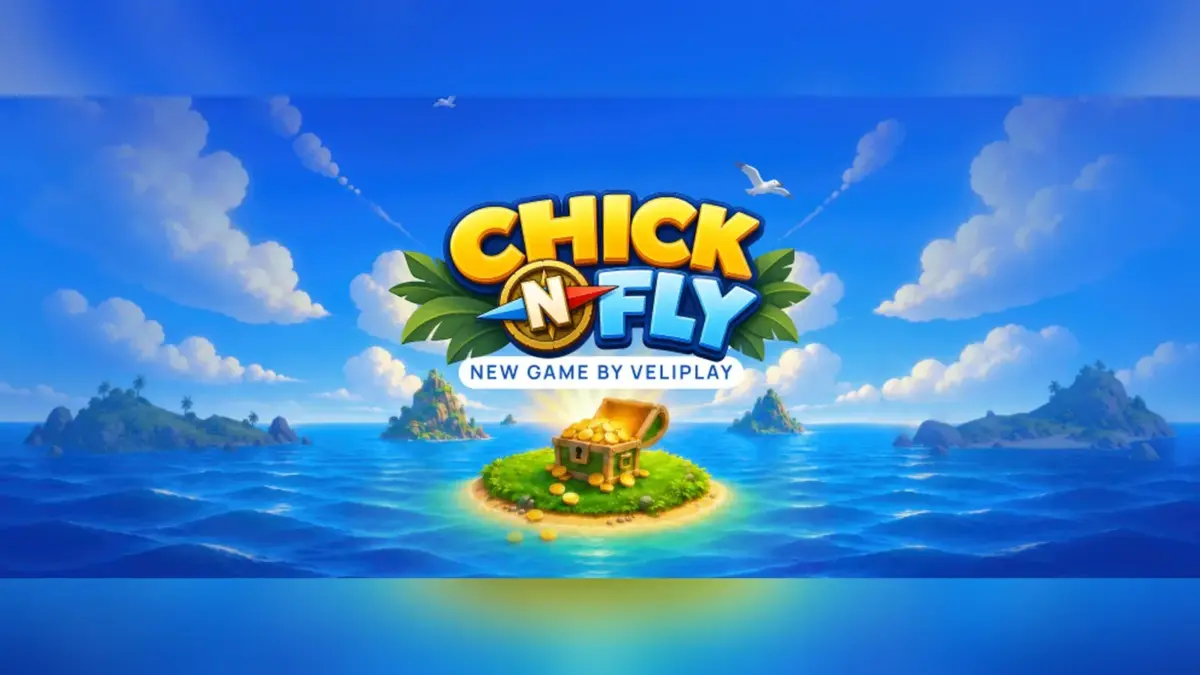 Chick’N’Fly logo above a treasure chest on a small island in the ocean