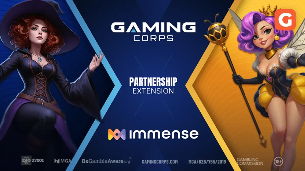 Gaming Corps and Immense partnership artwork featuring a witch and a queen bee character
